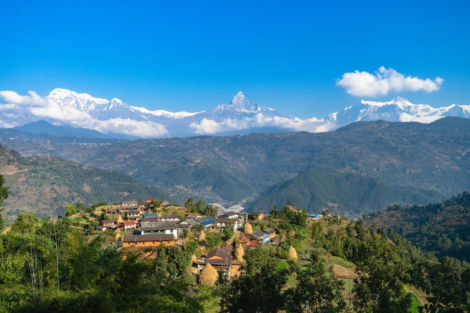 A hill village in Nepal below the snow peaks of the Annapurna range